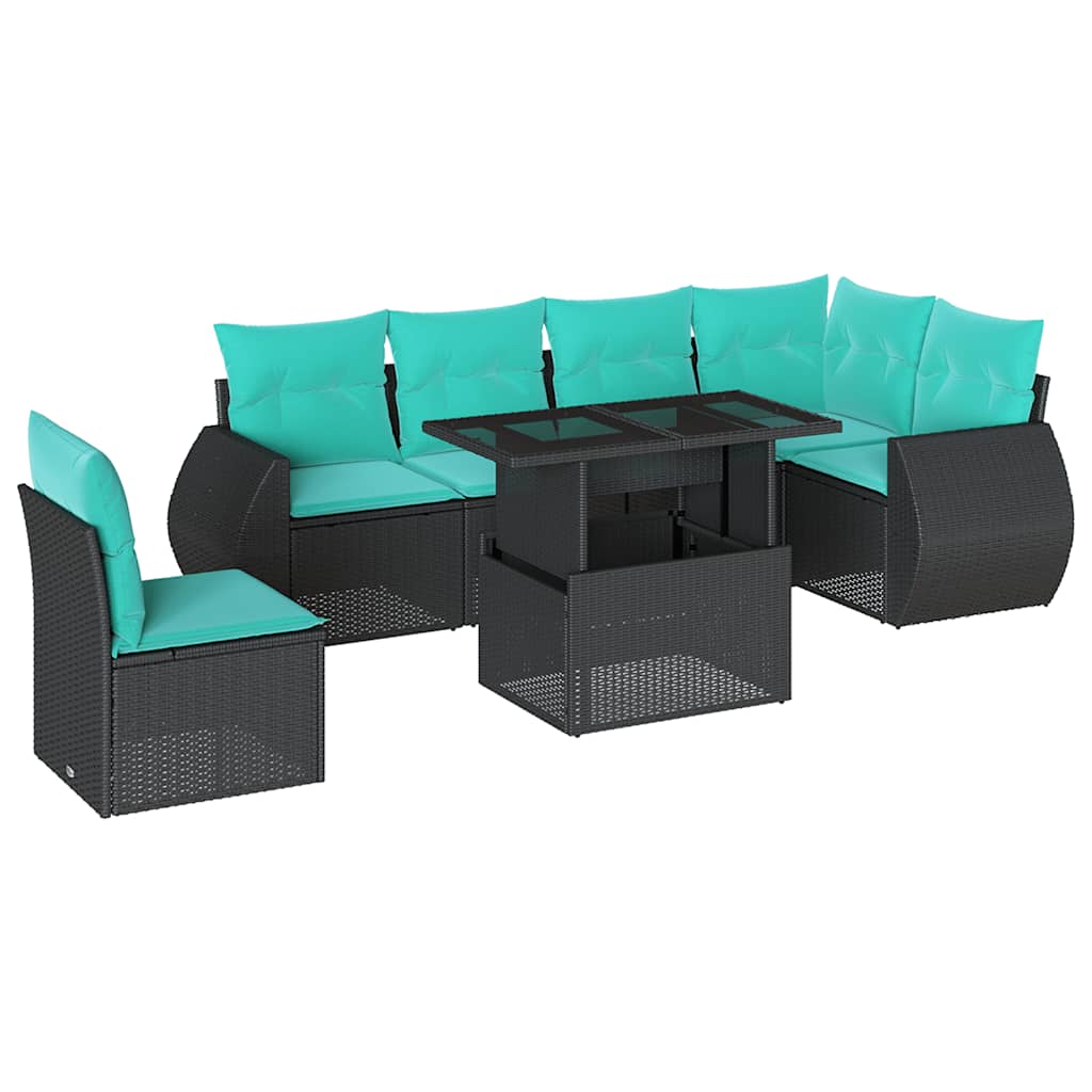 7 Piece Garden Sofa Set with Cushions Black Poly Rattan