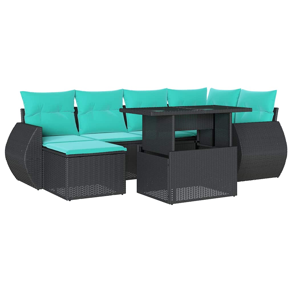 7 Piece Garden Sofa Set with Cushions Black Poly Rattan