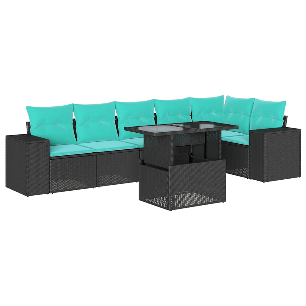 7 Piece Garden Sofa Set with Cushions Black Poly Rattan