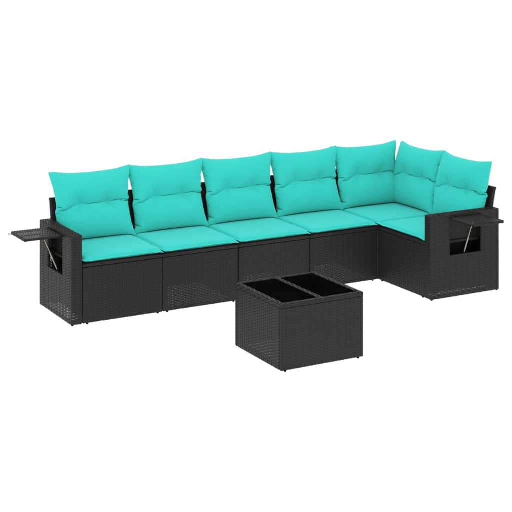 7 Piece Garden Sofa Set with Cushions Black Poly Rattan
