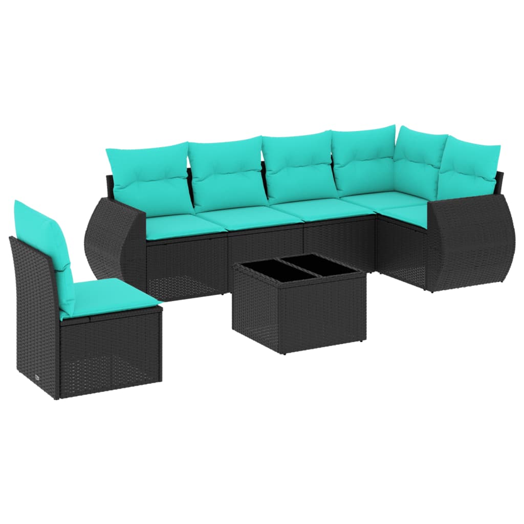 7 Piece Garden Sofa Set with Cushions Black Poly Rattan