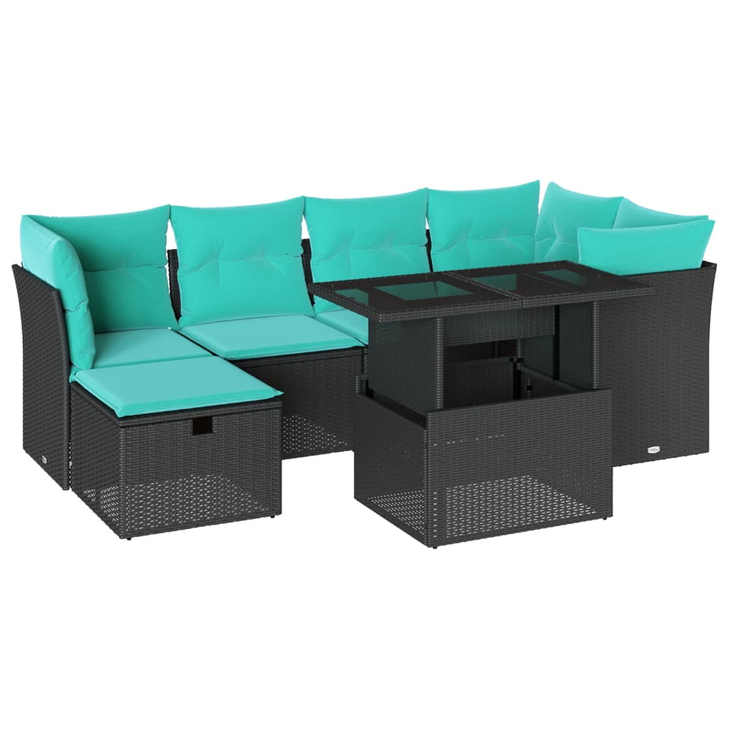 7 Piece Garden Sofa Set with Cushions Black Poly Rattan