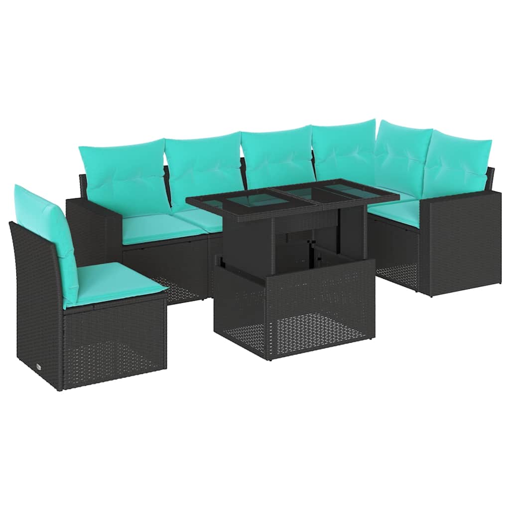 7 Piece Garden Sofa Set with Cushions Black Poly Rattan