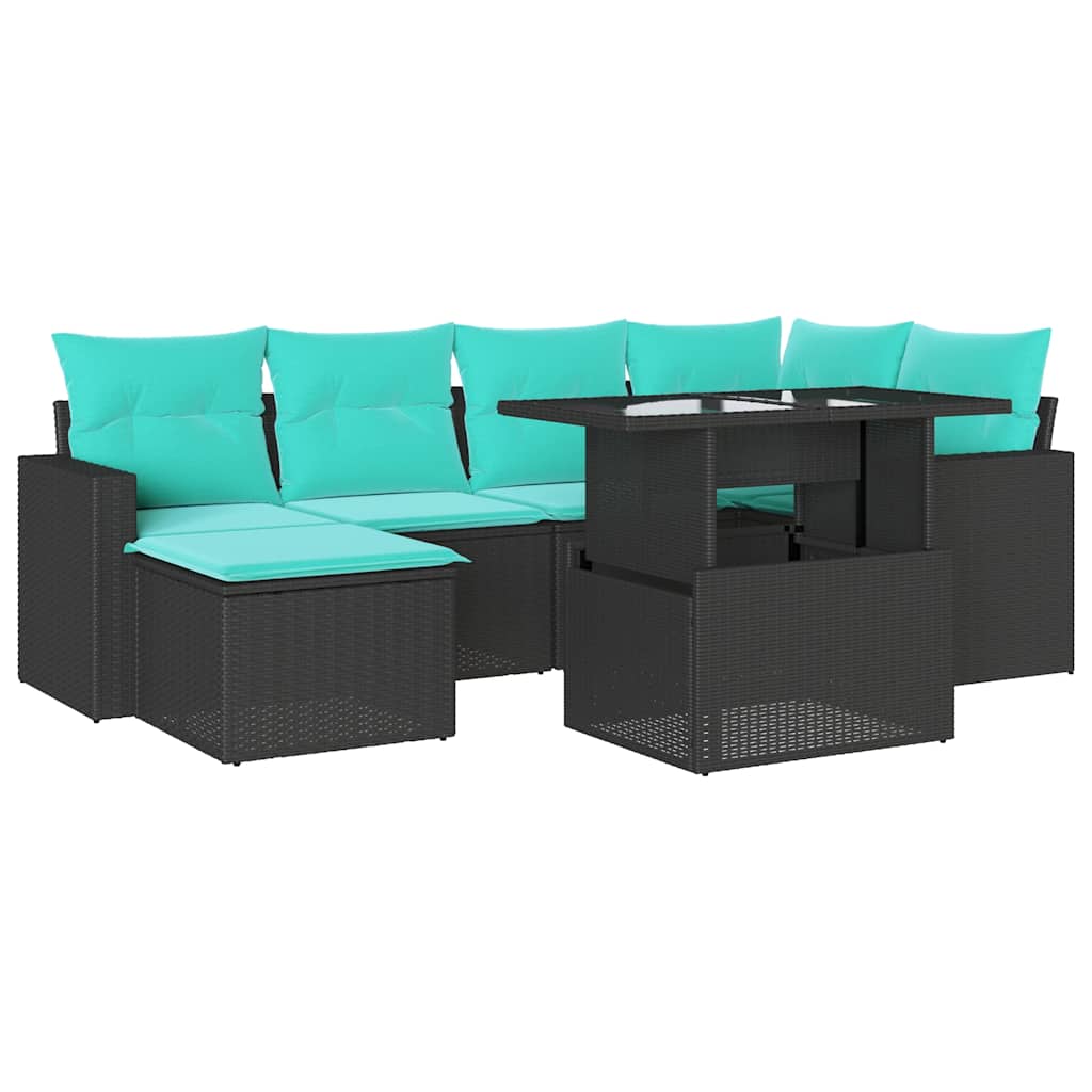 7 Piece Garden Sofa Set with Cushions Black Poly Rattan