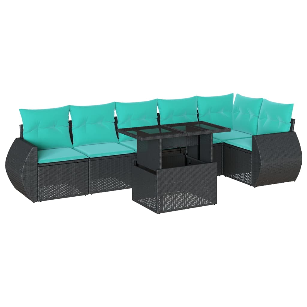 7 Piece Garden Sofa Set with Cushions Black Poly Rattan