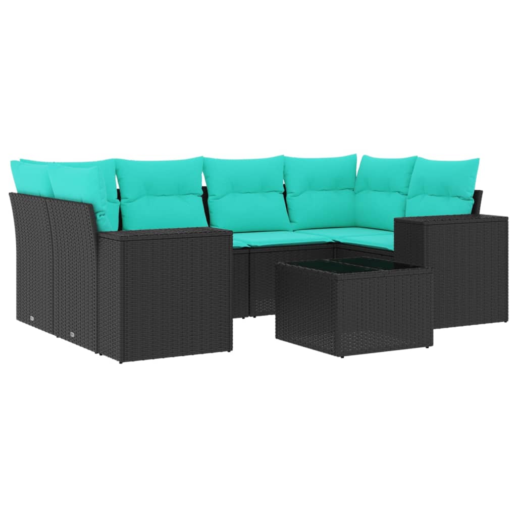 7 Piece Garden Sofa Set with Cushions Black Poly Rattan