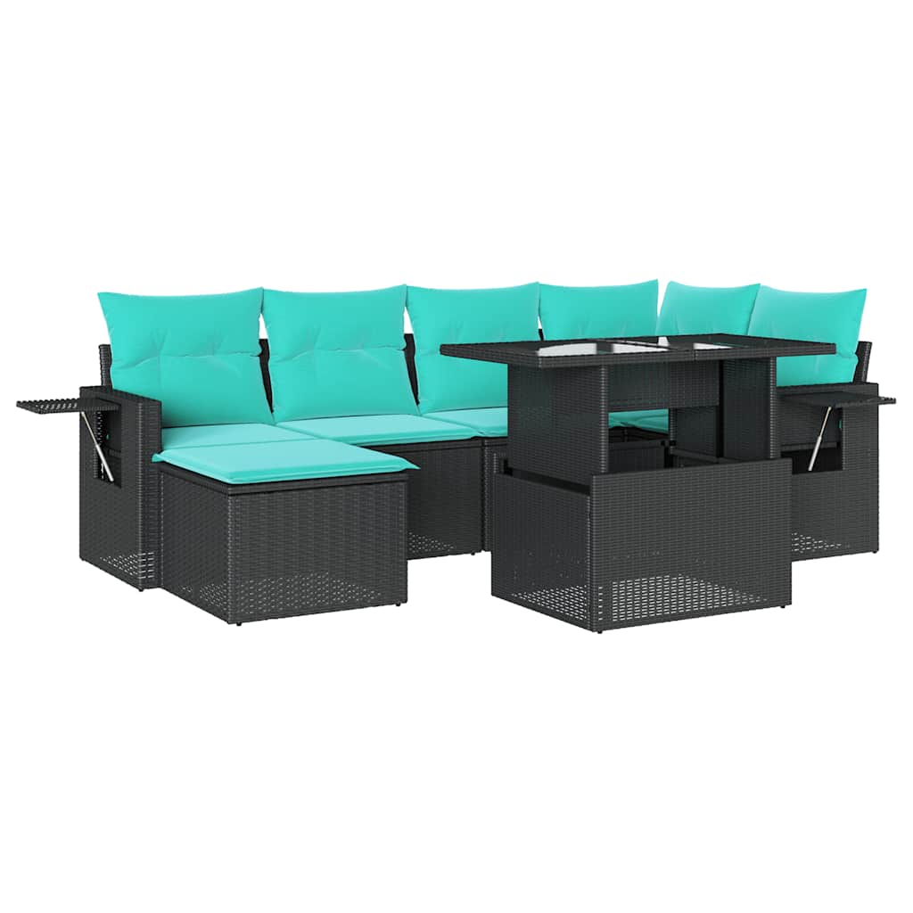 7 Piece Garden Sofa Set with Cushions Black Poly Rattan