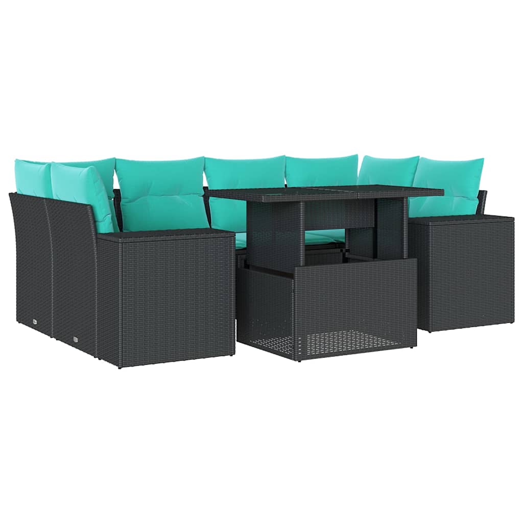 7 Piece Garden Sofa Set with Cushions Black Poly Rattan