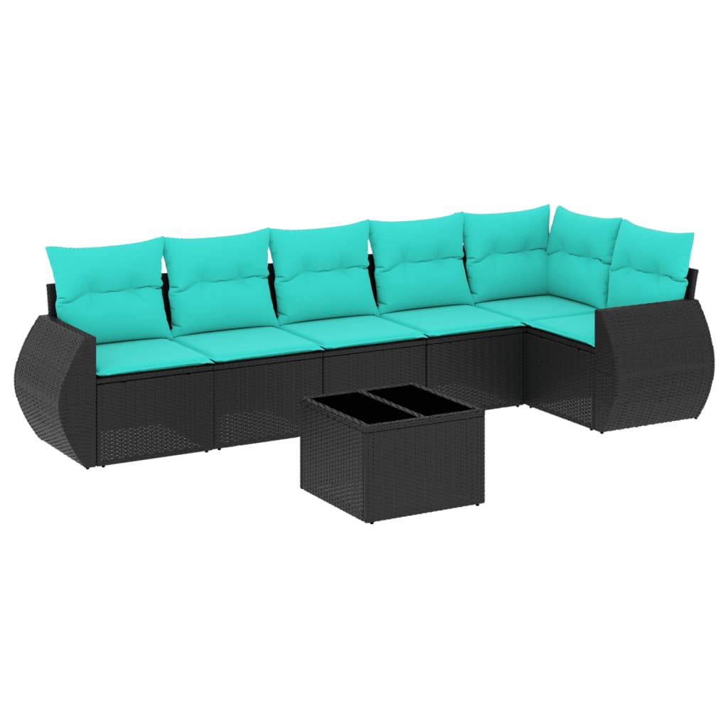 7 Piece Garden Sofa Set with Cushions Black Poly Rattan