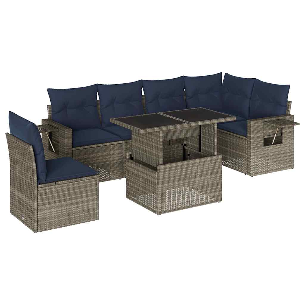 7 Piece Garden Sofa Set with Cushions Grey Poly Rattan
