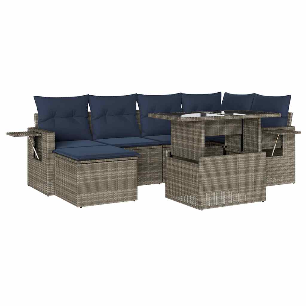 7 Piece Garden Sofa Set with Cushions Grey Poly Rattan