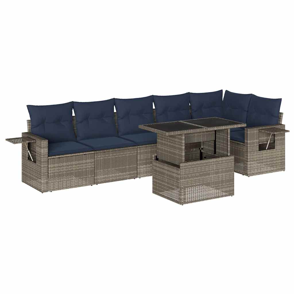 7 Piece Garden Sofa Set with Cushions Grey Poly Rattan
