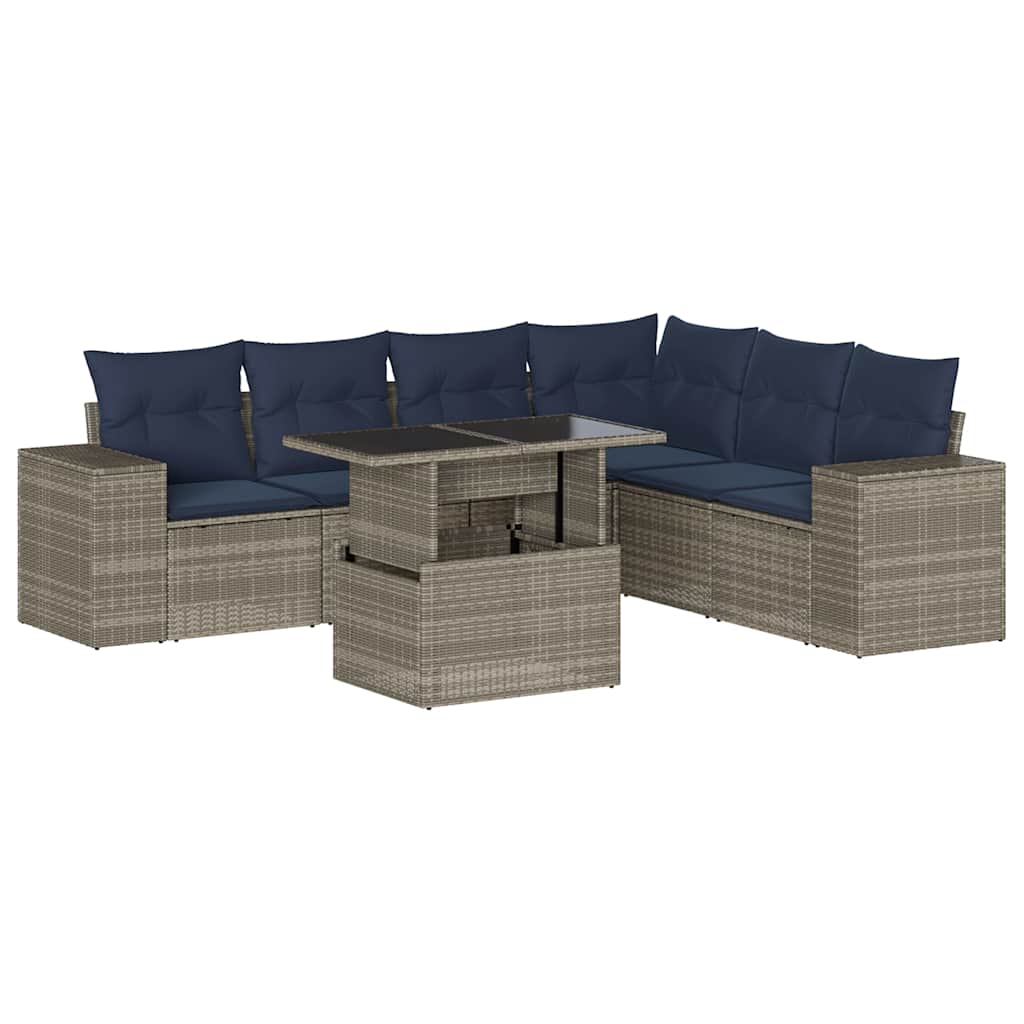 7 Piece Garden Sofa Set with Cushions Grey Poly Rattan