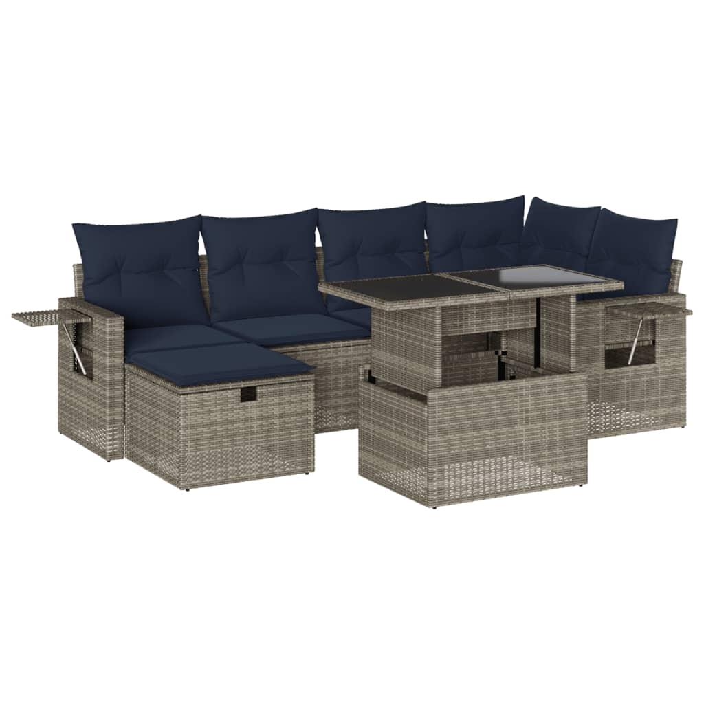 7 Piece Garden Sofa Set with Cushions Grey Poly Rattan