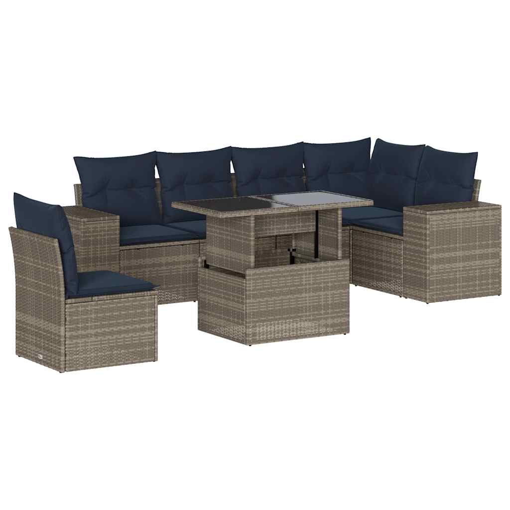 7 Piece Garden Sofa Set with Cushions Grey Poly Rattan
