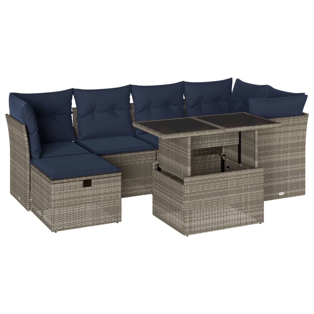 7 Piece Garden Sofa Set with Cushions Grey Poly Rattan