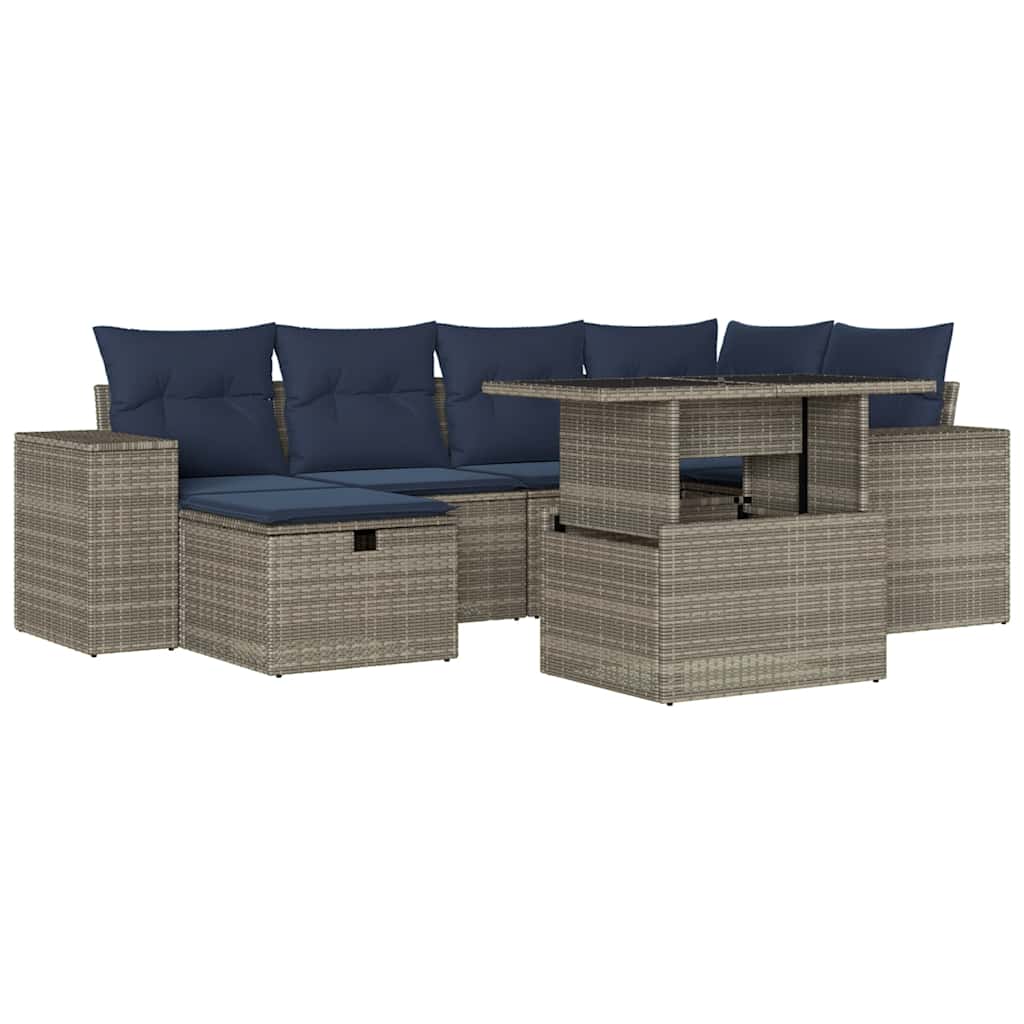 7 Piece Garden Sofa Set with Cushions Grey Poly Rattan