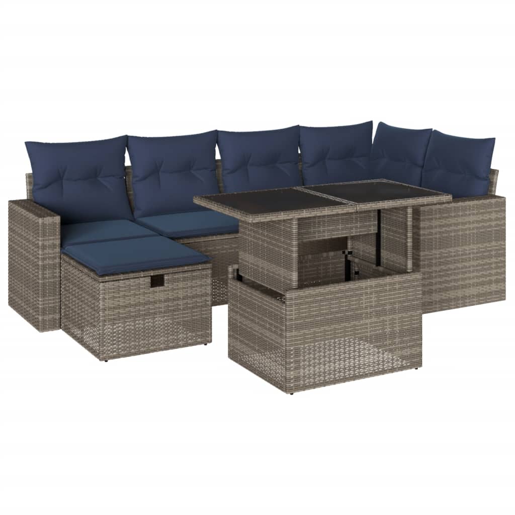 7 Piece Garden Sofa Set with Cushions Grey Poly Rattan