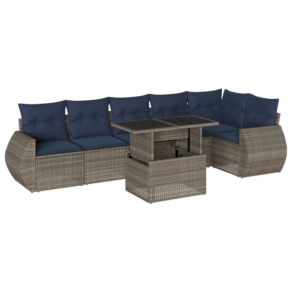 7 Piece Garden Sofa Set with Cushions Grey Poly Rattan