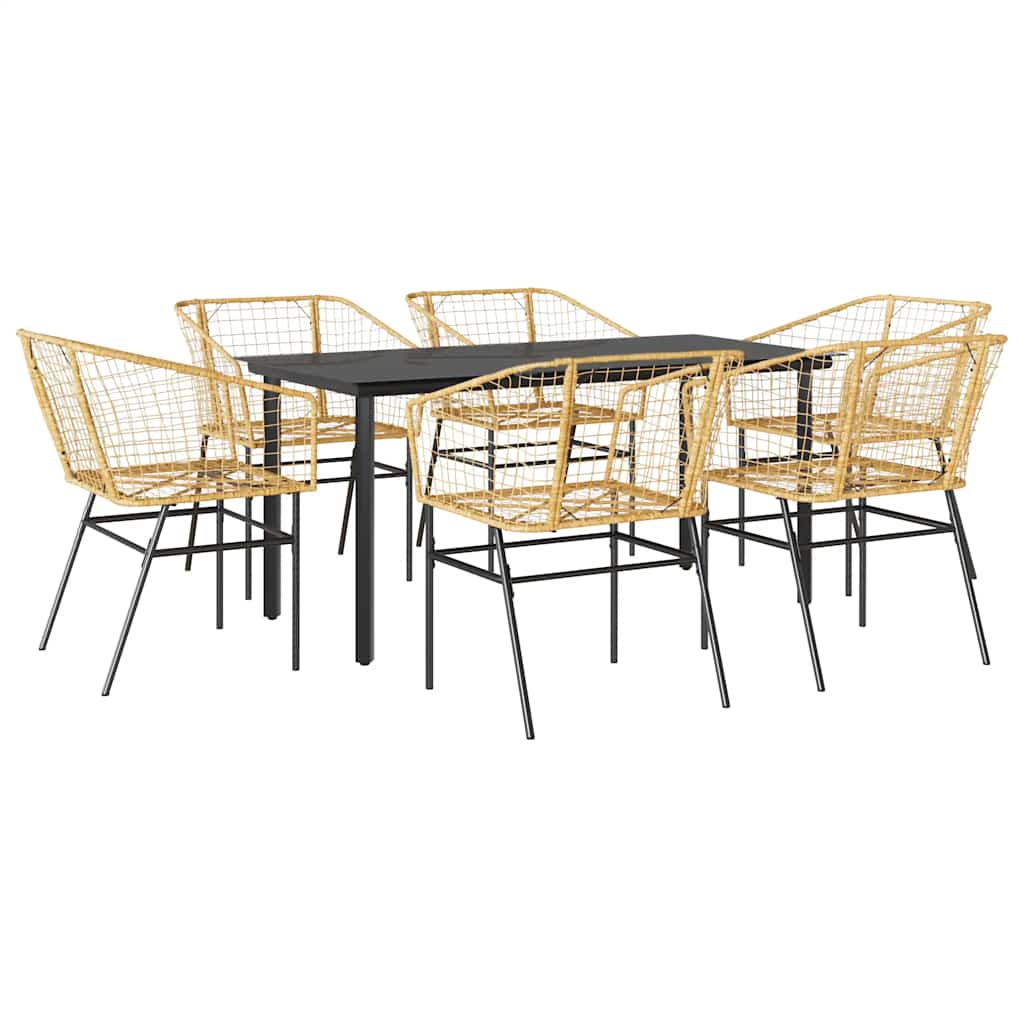 7 Piece Patio Dining Set Brown Poly Rattan Glass