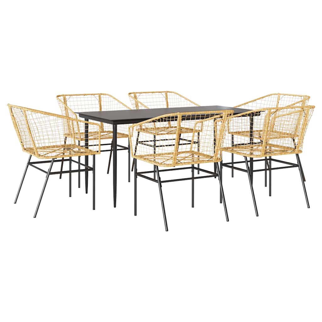 7 Piece Patio Dining Set Brown Poly Rattan Glass