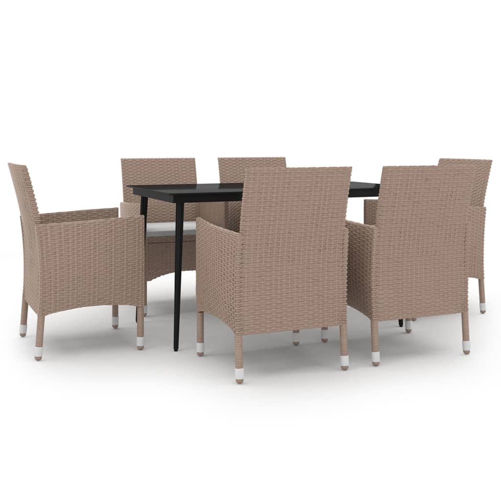 7 Piece Patio Dining Set with Cushions Poly Rattan and Glass