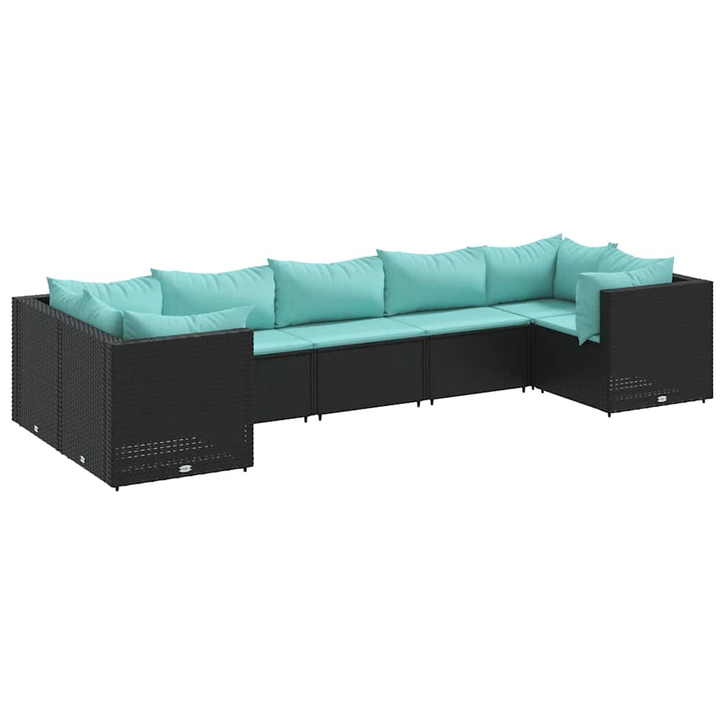 7 Piece Patio Lounge Set with Cushions Black Poly Rattan
