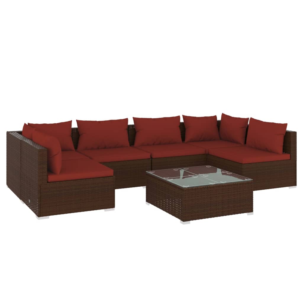 7 Piece Patio Lounge Set with Cushions Poly Rattan Brown