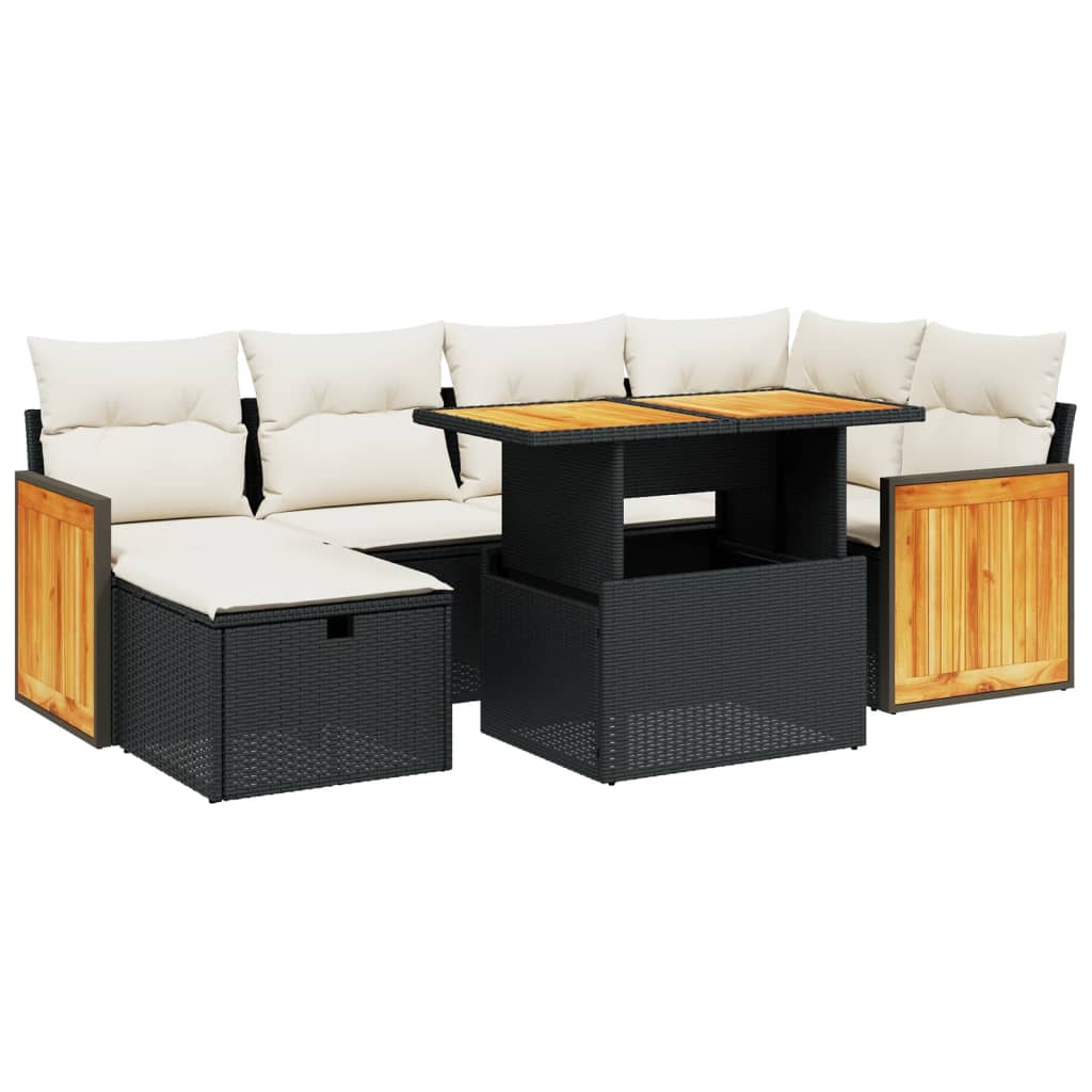 7 Piece Patio Sofa Set with Cushions Black Poly Rattan