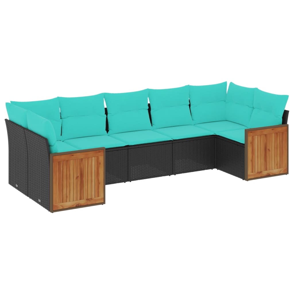 7 Piece Patio Sofa Set with Cushions Black Poly Rattan