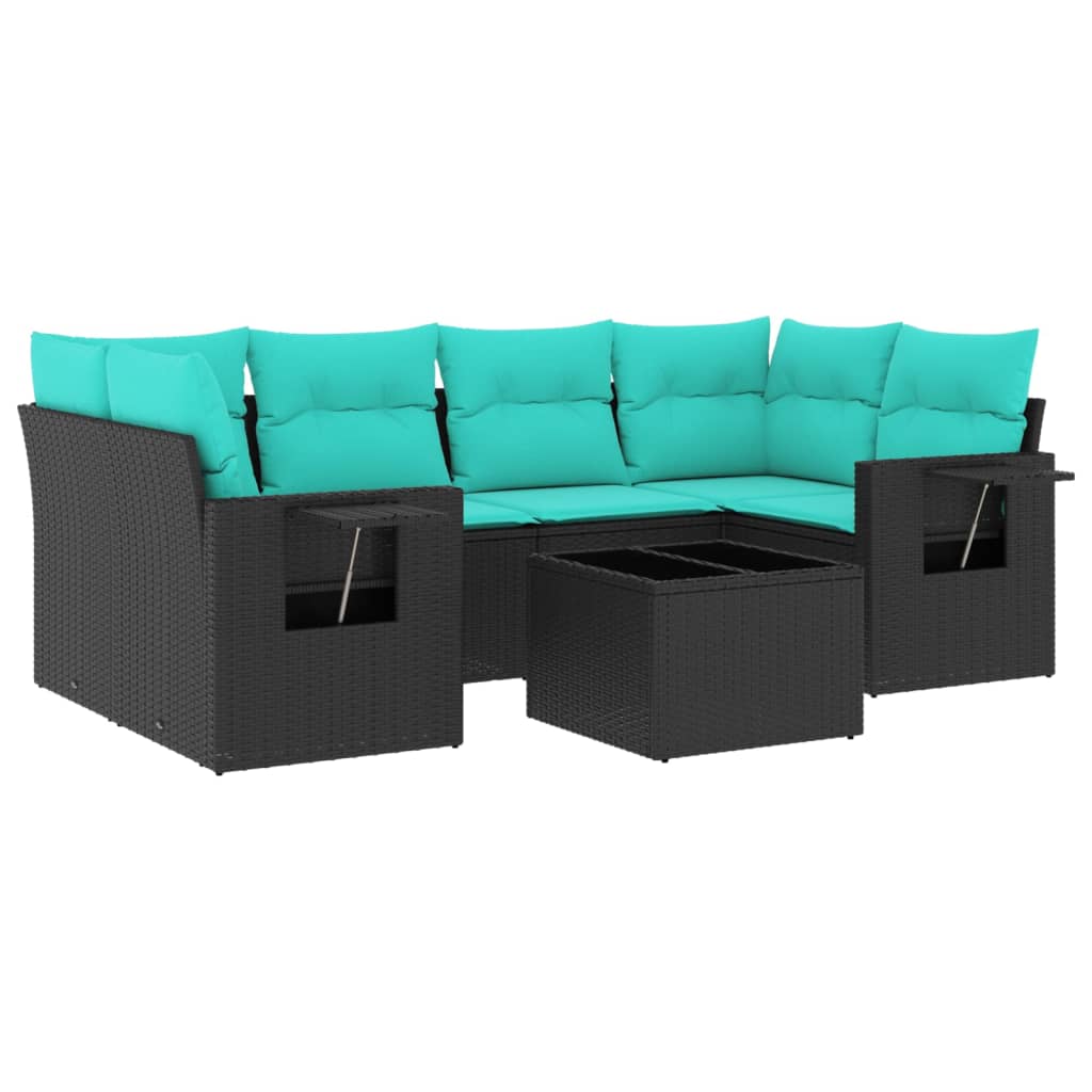7 Piece Patio Sofa Set with Cushions Black Poly Rattan