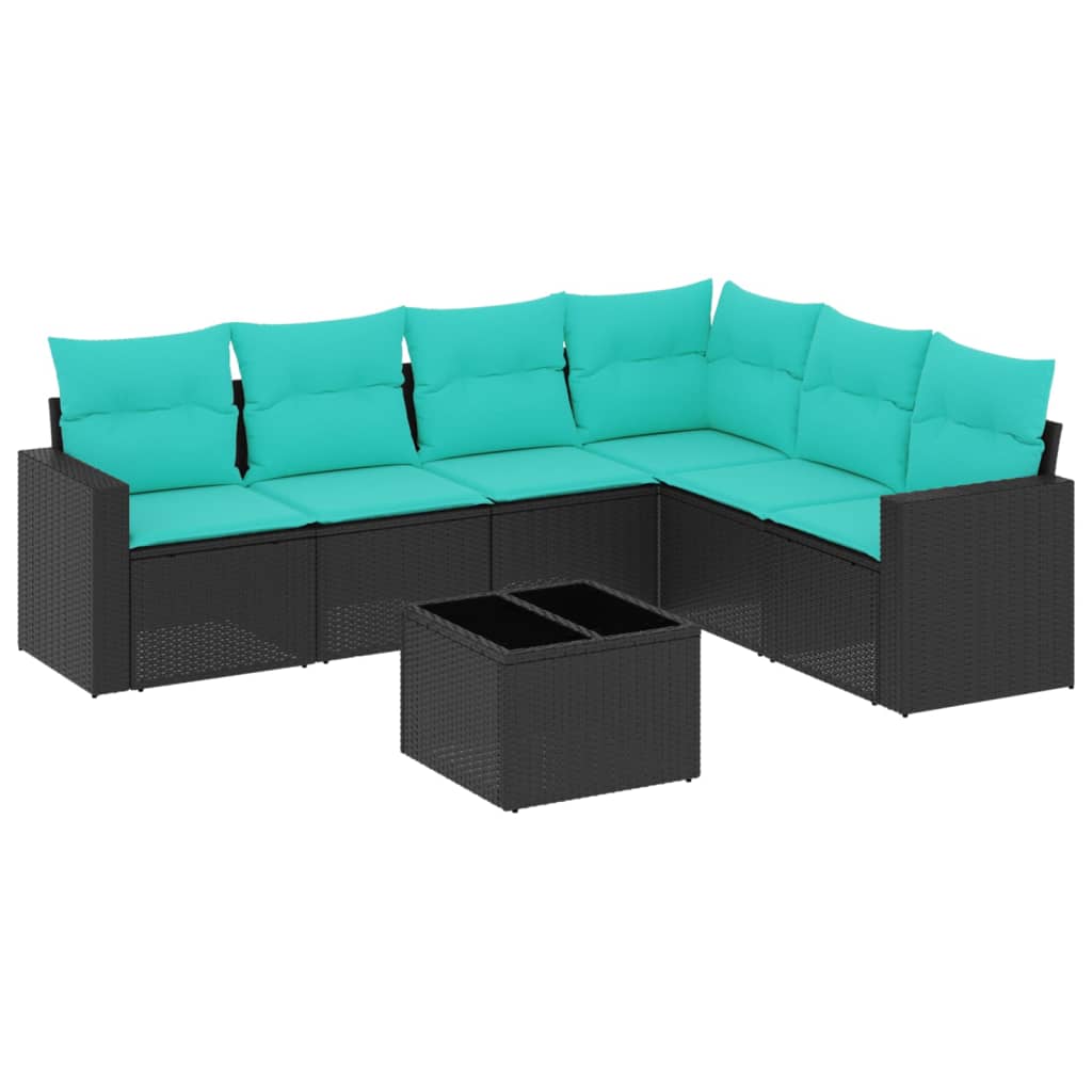 7 Piece Patio Sofa Set with Cushions Black Poly Rattan