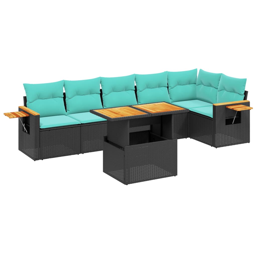 7 Piece Patio Sofa Set with Cushions Black Poly Rattan