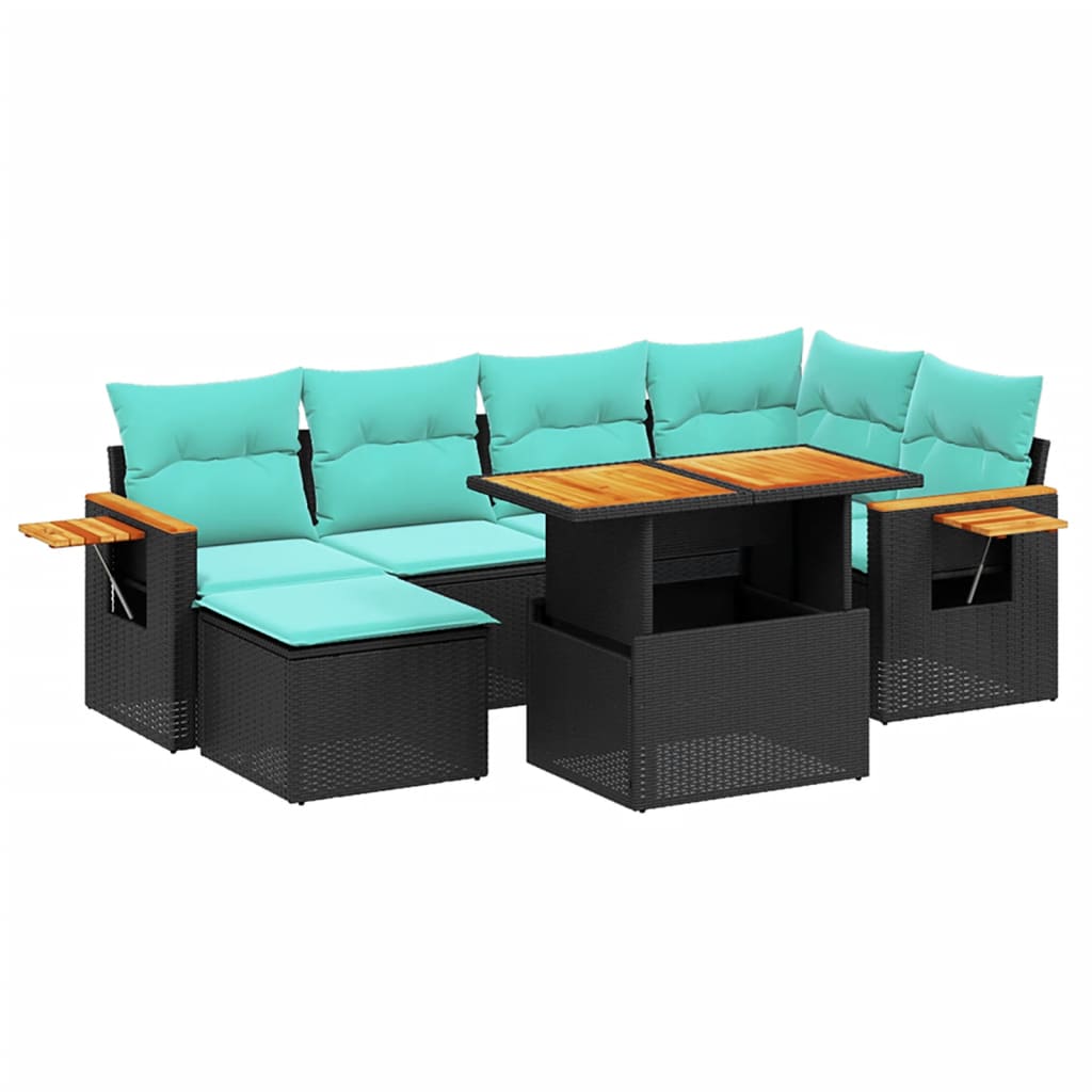 7 Piece Patio Sofa Set with Cushions Black Poly Rattan