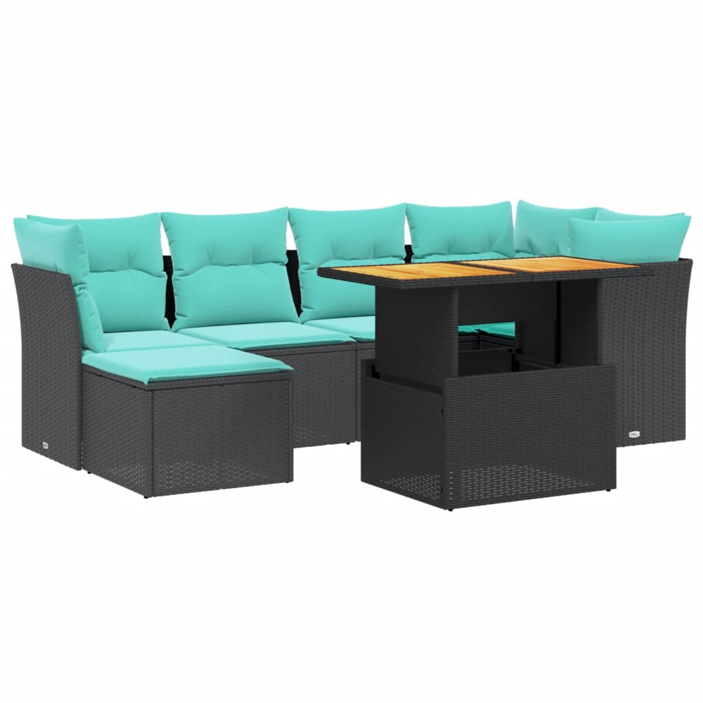 7 Piece Patio Sofa Set with Cushions Black Poly Rattan