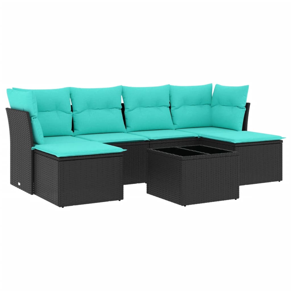 7 Piece Patio Sofa Set with Cushions Black Poly Rattan