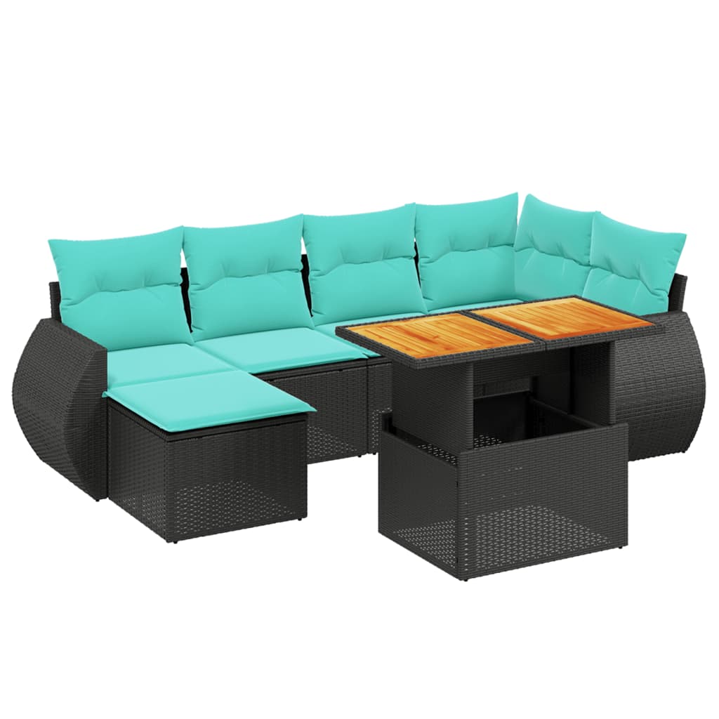 7 Piece Patio Sofa Set with Cushions Black Poly Rattan