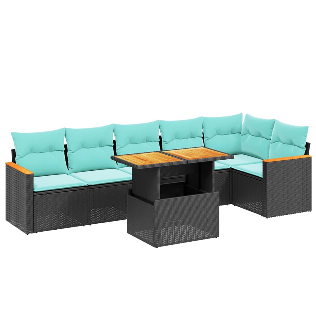 7 Piece Patio Sofa Set with Cushions Black Poly Rattan