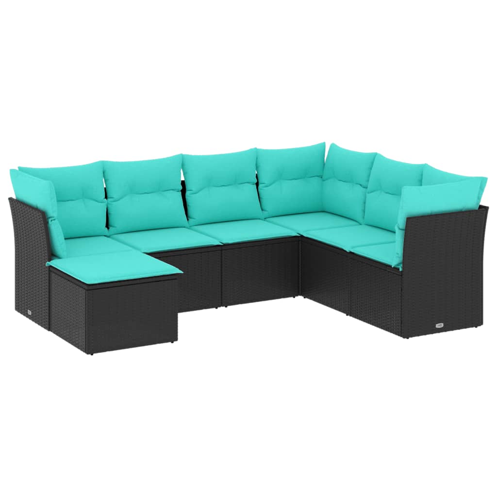 7 Piece Patio Sofa Set with Cushions Black Poly Rattan