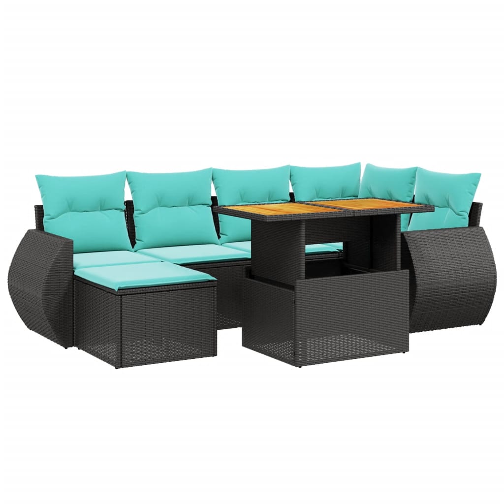 7 Piece Patio Sofa Set with Cushions Black Poly Rattan