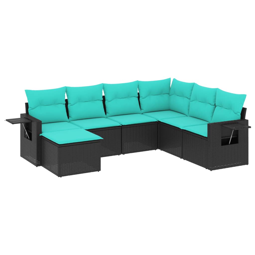 7 Piece Patio Sofa Set with Cushions Black Poly Rattan