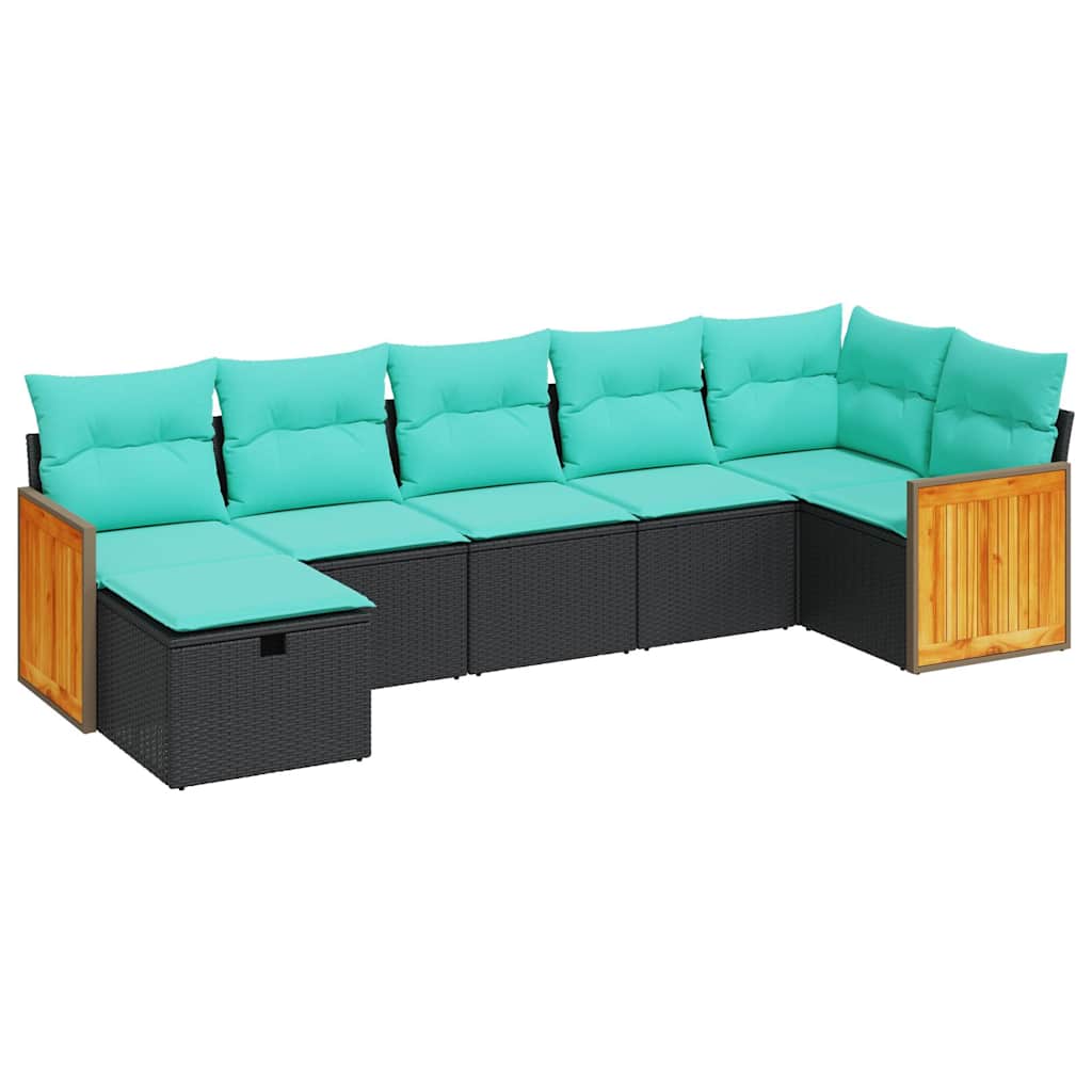 7 Piece Patio Sofa Set with Cushions Black Poly Rattan