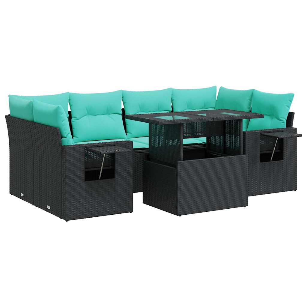 7 Piece Patio Sofa Set with Cushions Black Poly Rattan Acacia