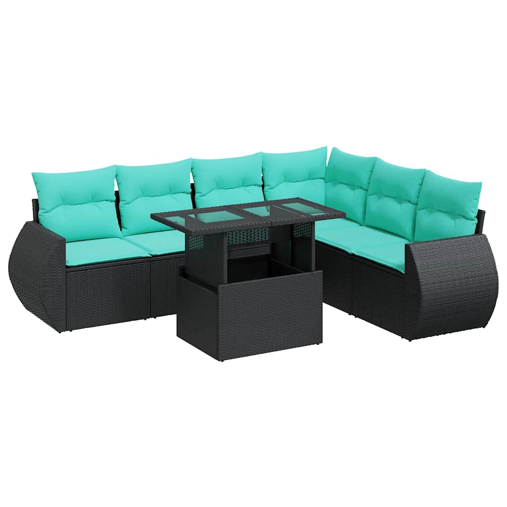 7 Piece Patio Sofa Set with Cushions Black Poly Rattan Acacia