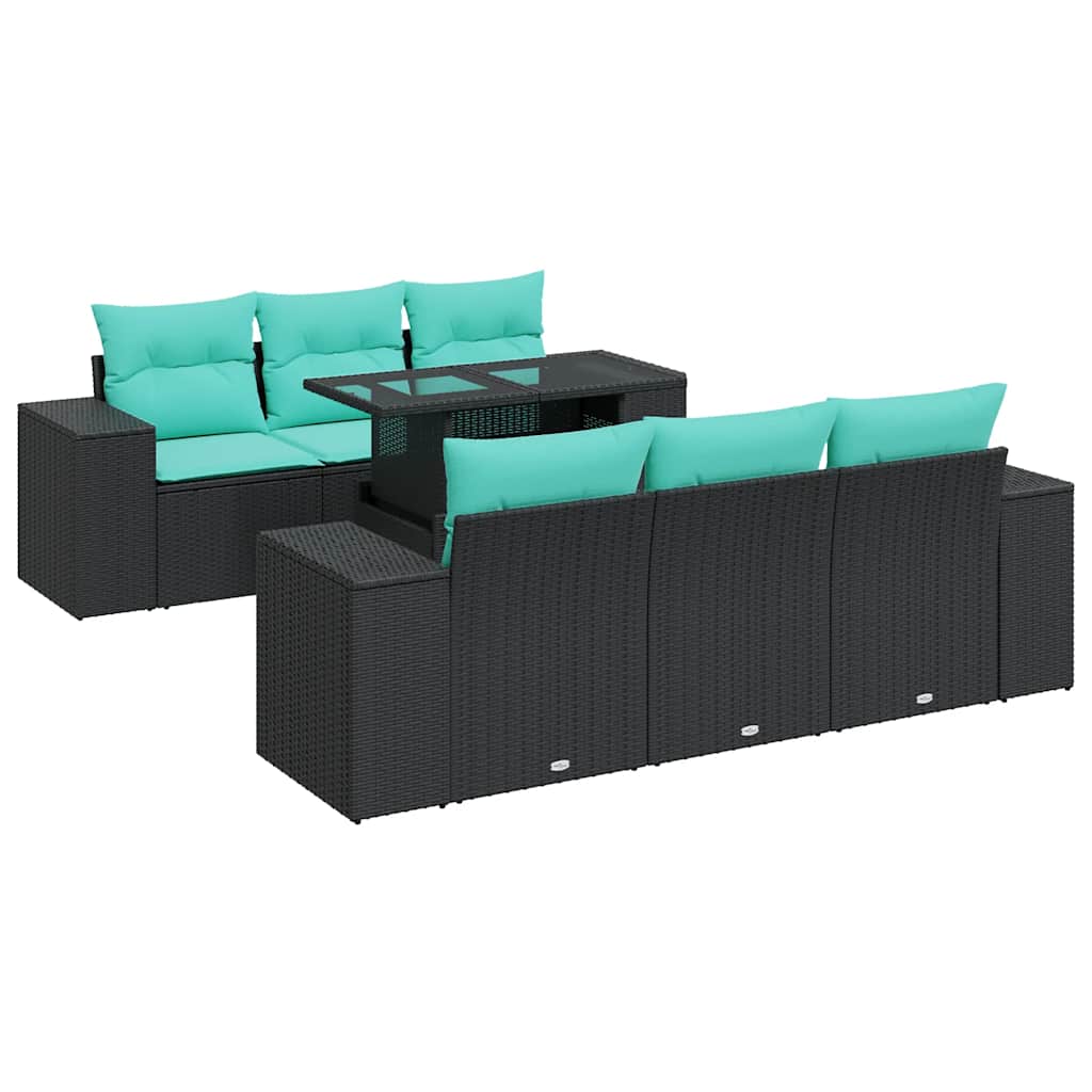7 Piece Patio Sofa Set with Cushions Black Poly Rattan Acacia