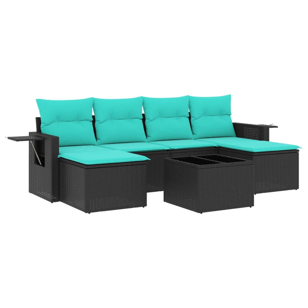 7 Piece Patio Sofa Set with Cushions Black Poly Rattan