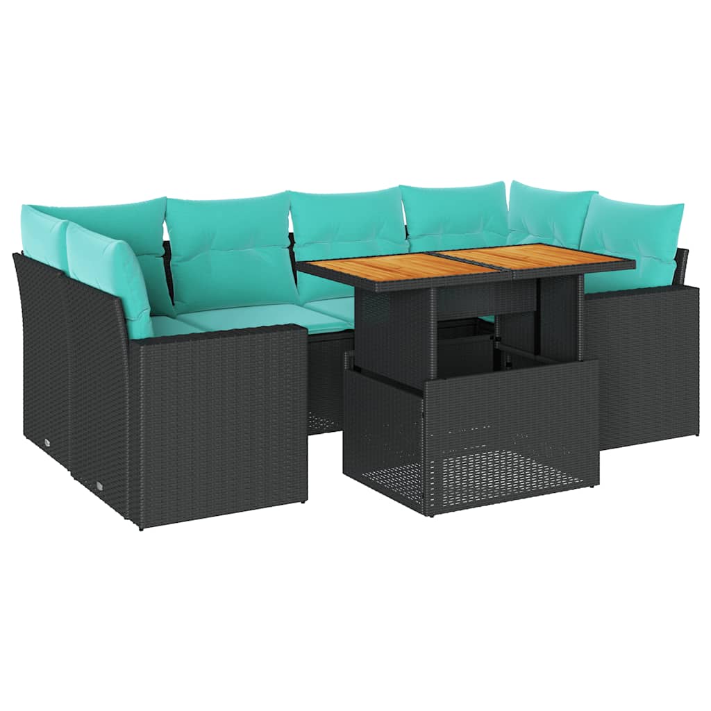 7 Piece Patio Sofa Set with Cushions Black Poly Rattan