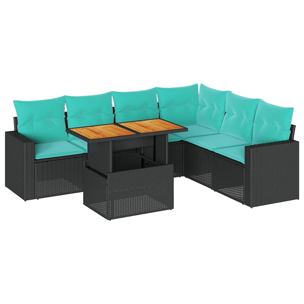7 Piece Patio Sofa Set with Cushions Black Poly Rattan