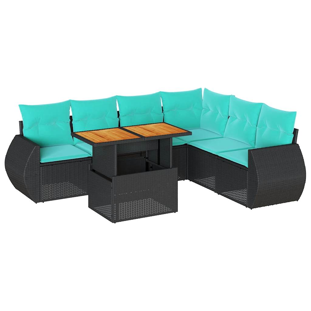 7 Piece Patio Sofa Set with Cushions Black Poly Rattan