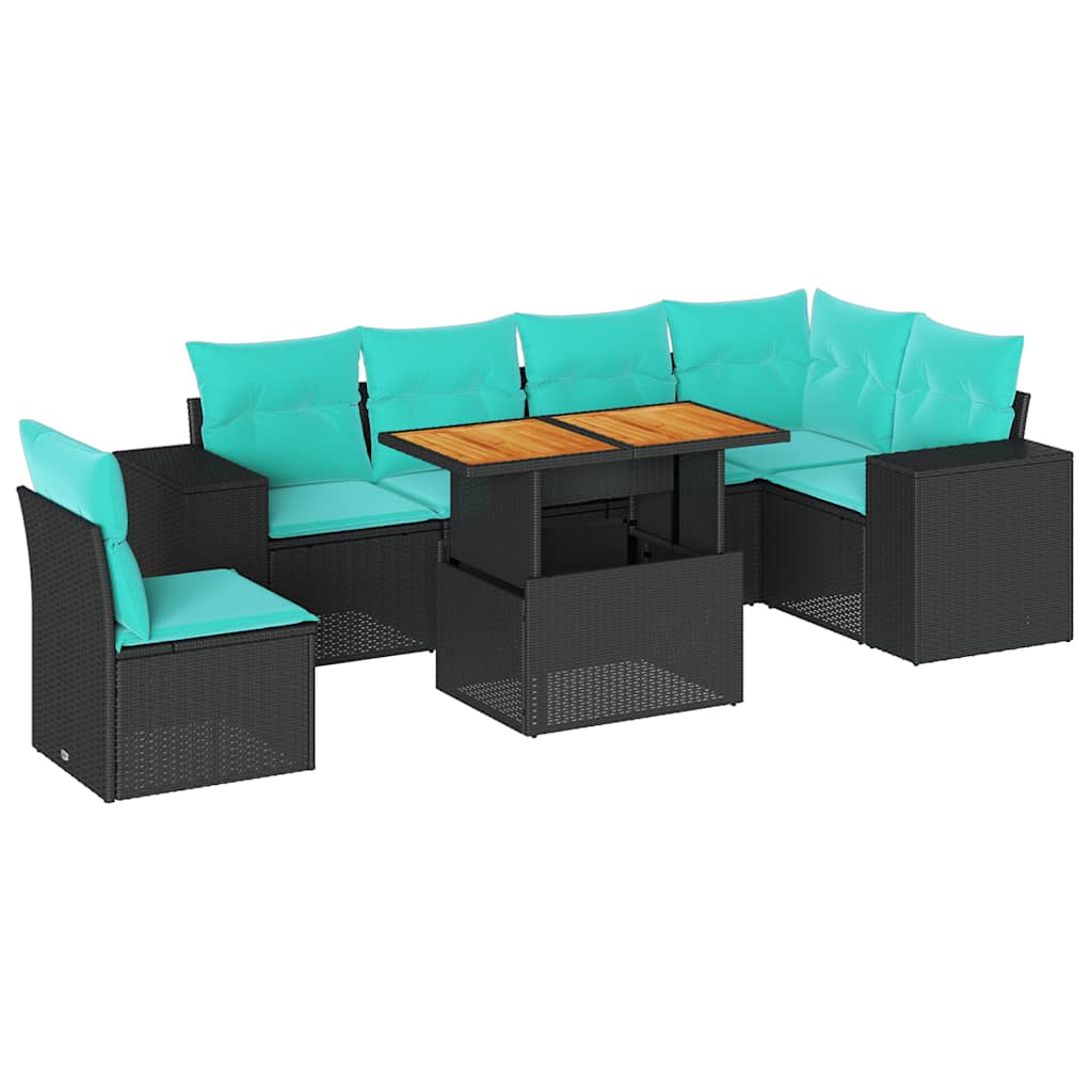 7 Piece Patio Sofa Set with Cushions Black Poly Rattan